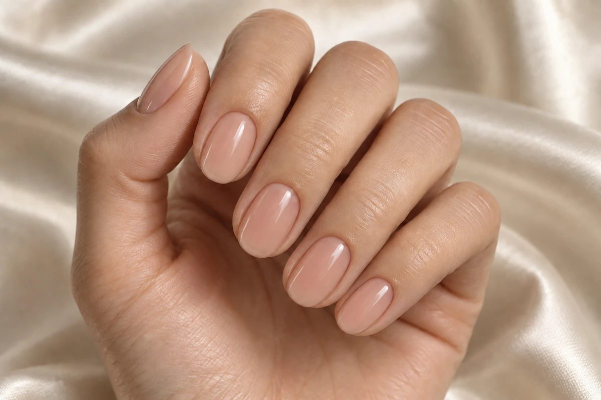 분홍 기운이 은은한 누드 베이지 오벌 네일의 AI 누드 웨딩 디자인 예시