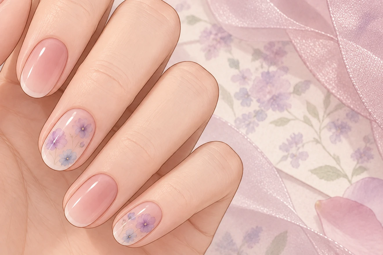워터컬러 미니 플라워: 라일락, 더스티 블루 컬러와 오벌 모양을 보여주는 네일 디자인 사진