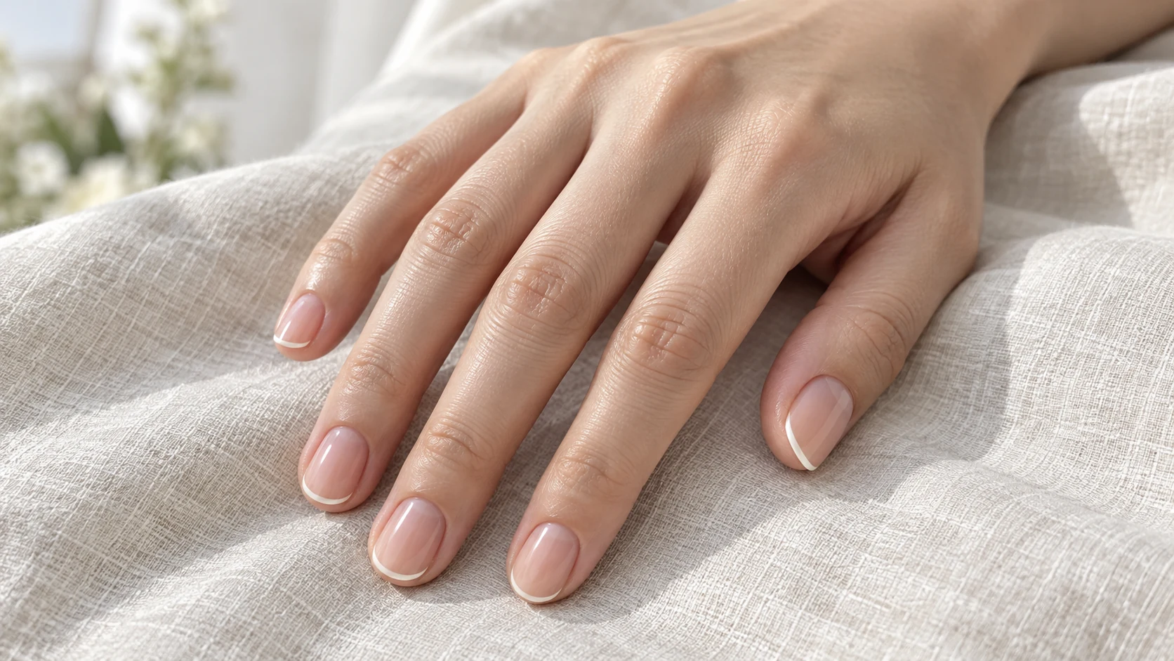 짧은 손톱 네일아트|손가락마다 길이가 다를 때 라인 맞추기 1 길이가 조금씩 다른 짧은 오벌 손톱에 가는 화이트 끝선을 연결한 시어 핑크 프렌치 디자인